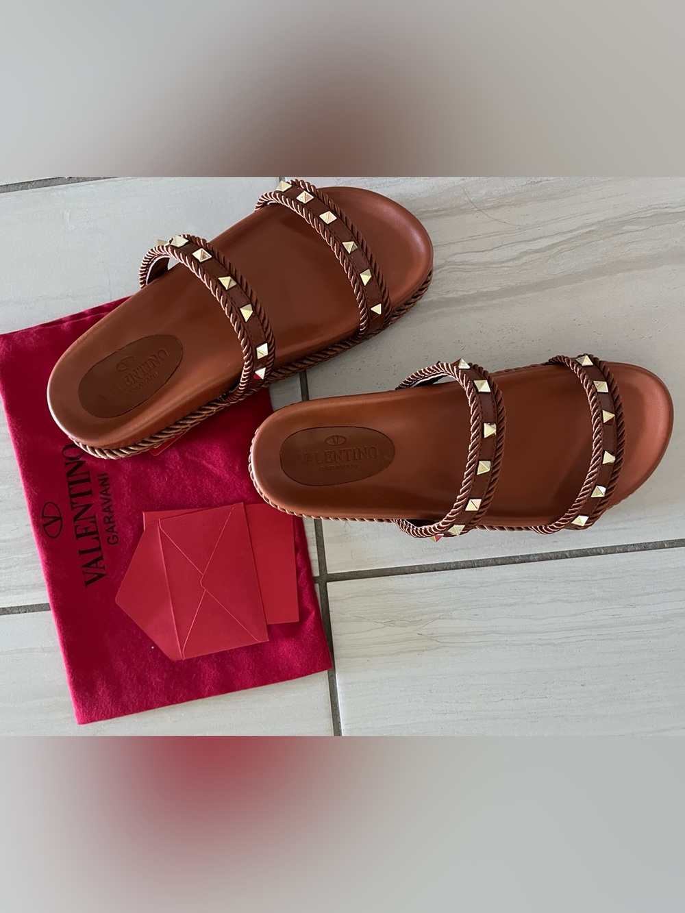 Brown Leather Studded Slide Sandals with Gold Accents/ Comes in Red Box